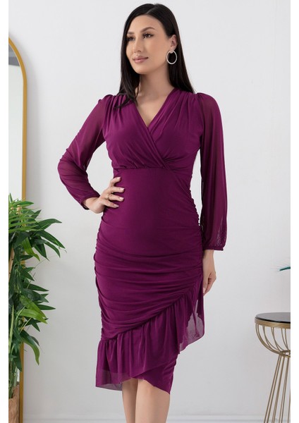 13373 V Yaka Eteği Detaylı Tül Elbise fiyatları