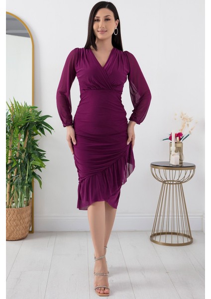 13373 V Yaka Eteği Detaylı Tül Elbise modelleri