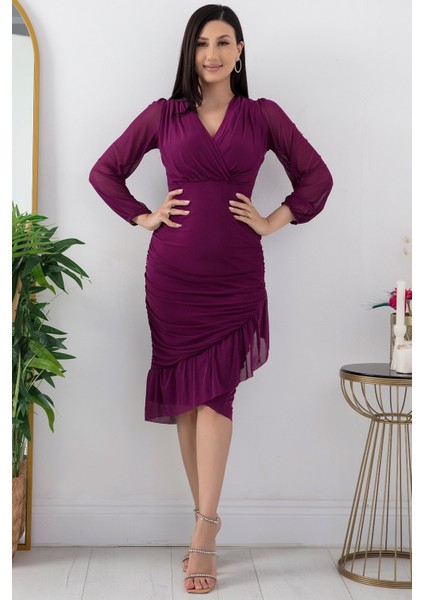 13373 V Yaka Eteği Detaylı Tül Elbise indirimleri