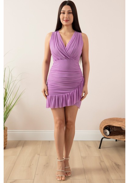 Sıfır Kol Eteği Detaylı Kruvaze Yaka Elbise 13393