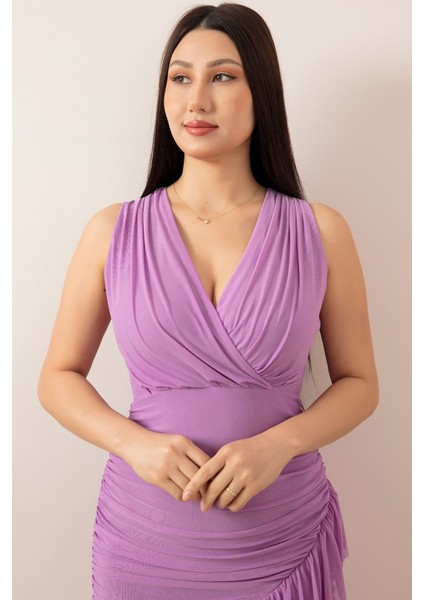 Sıfır Kol Eteği Detaylı Kruvaze Yaka Elbise 13393 fiyatları