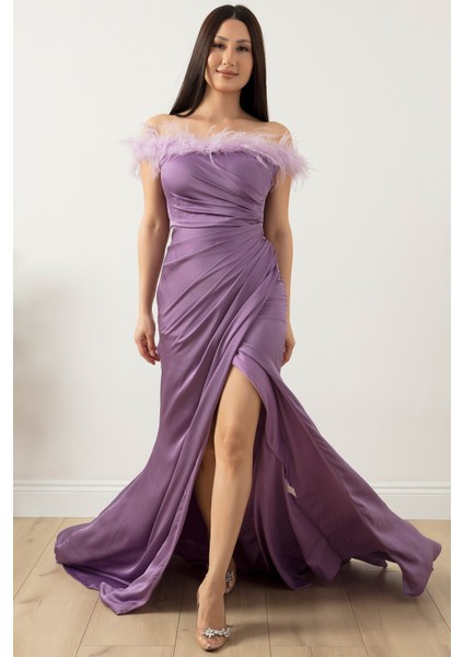 Saten Krep Yaka Tüylü Yırtmaçlı Elbise 13414