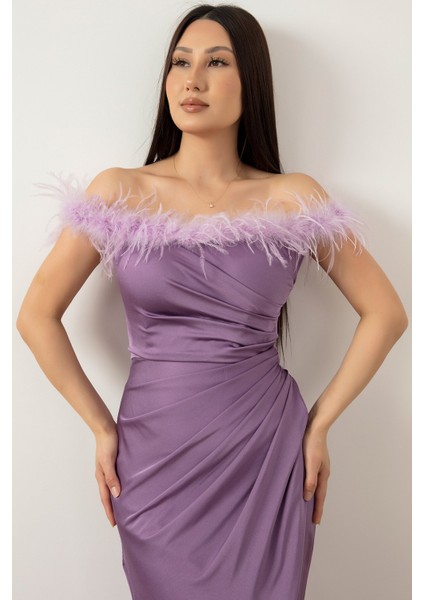 Saten Krep Yaka Tüylü Yırtmaçlı Elbise 13414 fiyatları