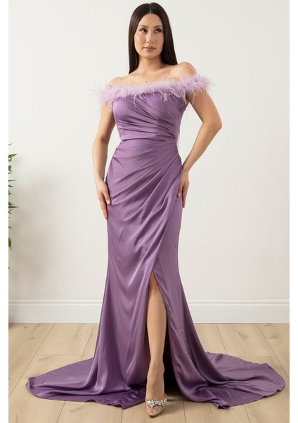 Saten Krep Yaka Tüylü Yırtmaçlı Elbise 13414 modelleri