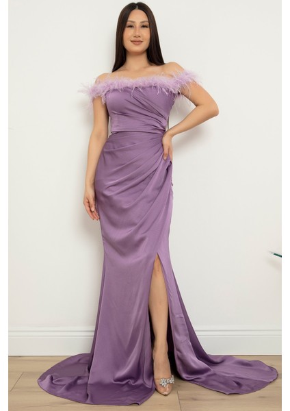 Saten Krep Yaka Tüylü Yırtmaçlı Elbise 13414 fırsatları