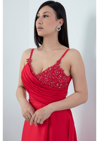 Saten Krep Askılı Elbise 13415