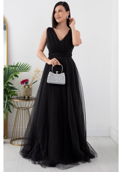 V Yaka Sıfır Kol Işıltılı Tül Elbise 13412