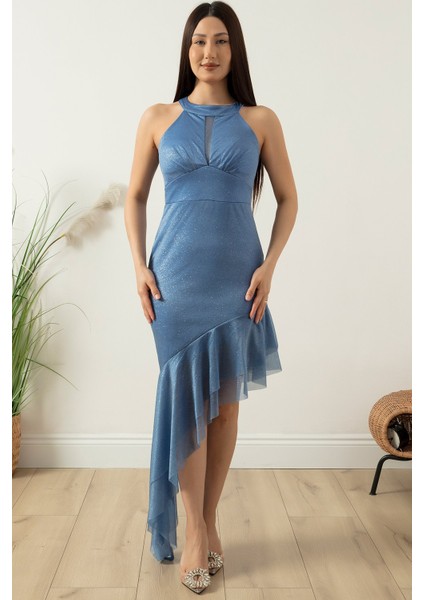 C Yaka Simli Etek Ucu Detaylı Elbise 13423