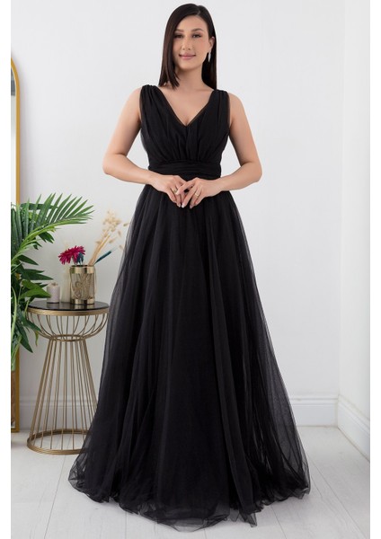 V Yaka Sıfır Kol Işıltılı Tül Elbise 13412 modelleri