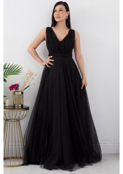 V Yaka Sıfır Kol Işıltılı Tül Elbise 13412 fırsatları