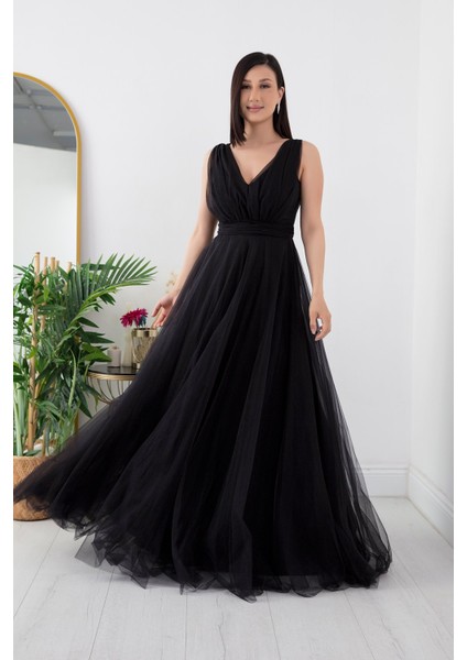 V Yaka Sıfır Kol Işıltılı Tül Elbise 13412 indirimleri