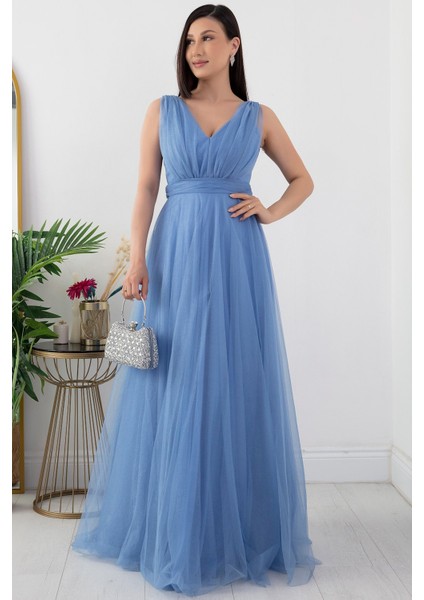 V Yaka Sıfır Kol Işıltılı Tül Elbise 13412