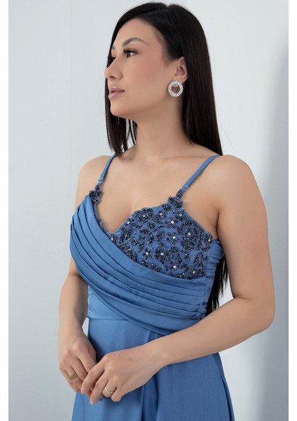 Saten Krep Askılı Elbise 13415