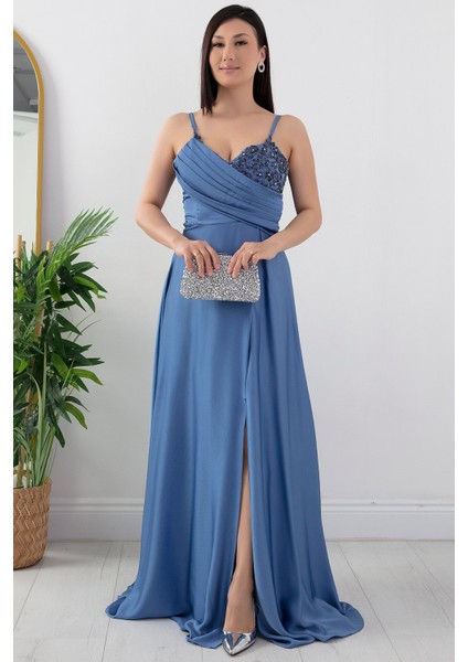 Saten Krep Askılı Elbise 13415
