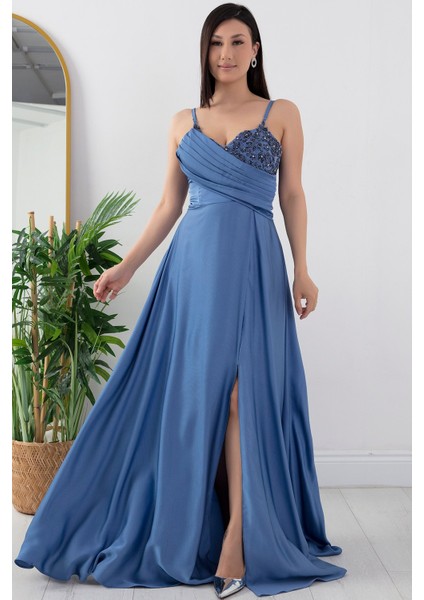 Saten Krep Askılı Elbise 13415