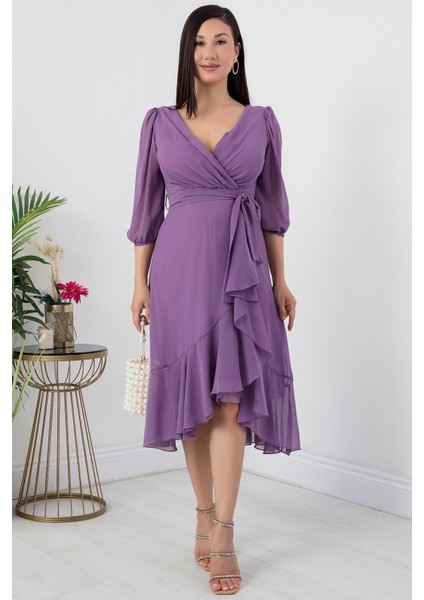 13372 Kruvaze Yaka Fakir Kol Eteği Valonlu Elbise