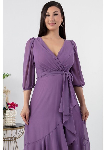 13372 Kruvaze Yaka Fakir Kol Eteği Valonlu Elbise fiyatları