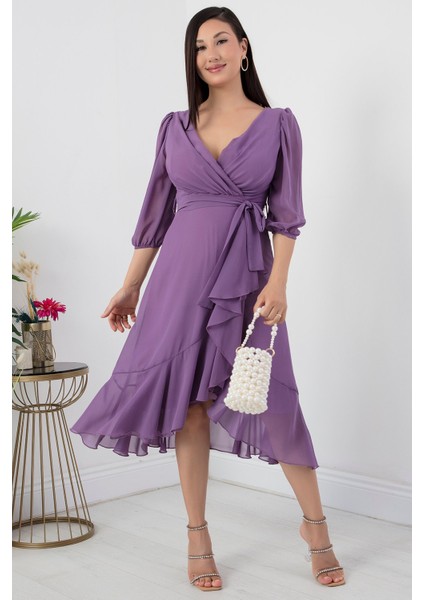 13372 Kruvaze Yaka Fakir Kol Eteği Valonlu Elbise modelleri