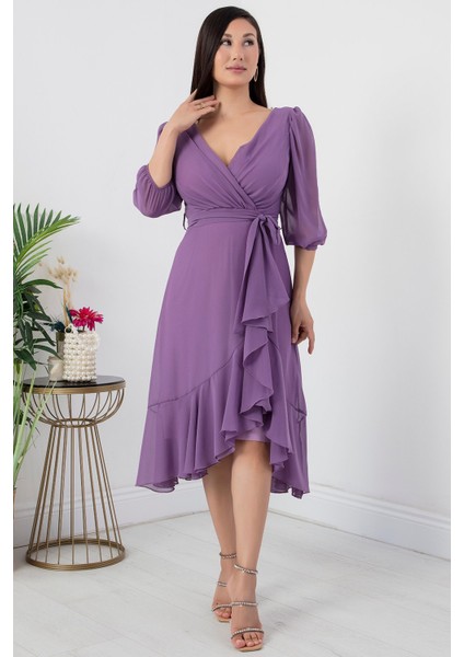 13372 Kruvaze Yaka Fakir Kol Eteği Valonlu Elbise fırsatları