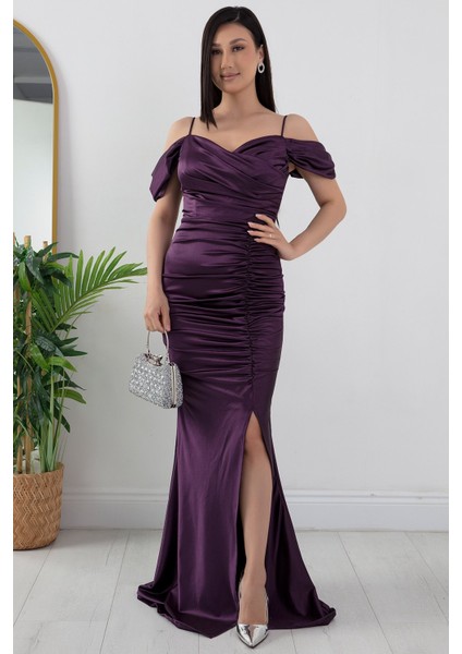 Büzgülü Askılı Saten Elbise 39649