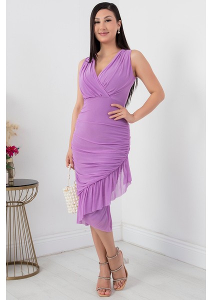 Sıfır Kol Eteği Detaylı Kruvaze Yaka Elbise 13392 modelleri