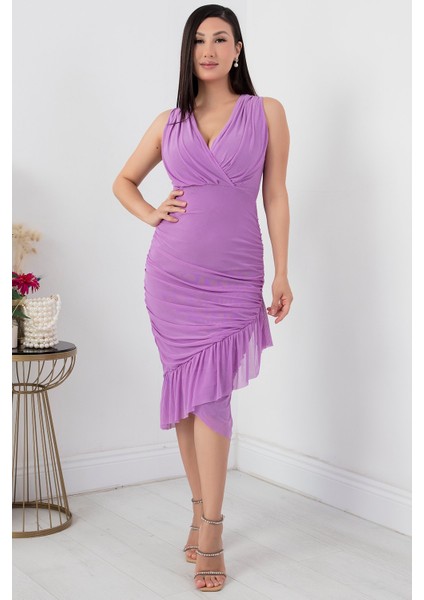 Sıfır Kol Eteği Detaylı Kruvaze Yaka Elbise 13392 indirimleri