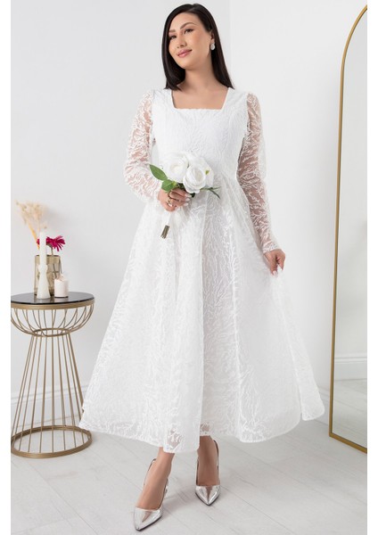 Kare Yaka Uzun Kol Simli Tül Abiye Elbise 1299