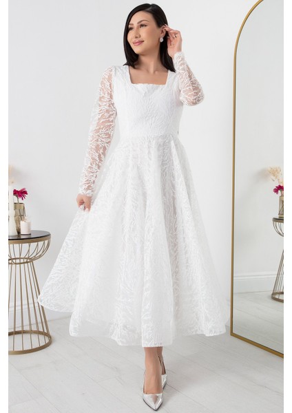 Kare Yaka Uzun Kol Simli Tül Abiye Elbise 1299 modelleri