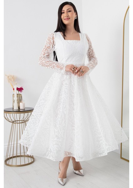 Kare Yaka Uzun Kol Simli Tül Abiye Elbise 1299 fırsatları