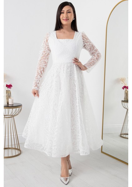 Kare Yaka Uzun Kol Simli Tül Abiye Elbise 1299 indirimleri