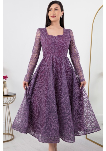 Kare Yaka Uzun Kol Simli Tül Abiye Elbise 1299 fiyatları