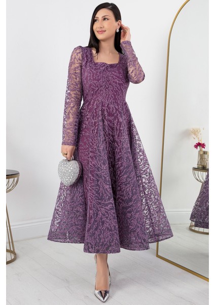 Kare Yaka Uzun Kol Simli Tül Abiye Elbise 1299 modelleri