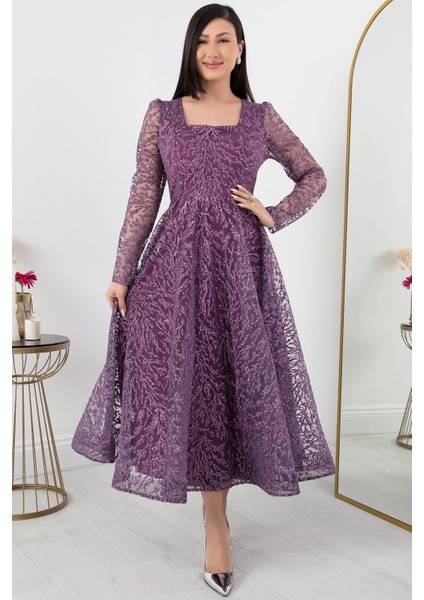 Kare Yaka Uzun Kol Simli Tül Abiye Elbise 1299 fırsatları