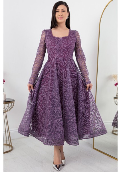 Kare Yaka Uzun Kol Simli Tül Abiye Elbise 1299 indirimleri