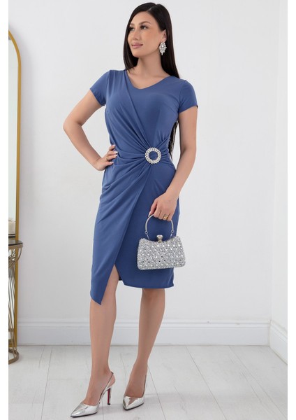 Beli Tokalı V Yaka Kısa Kol Anvelop Abiye Elbise 13444