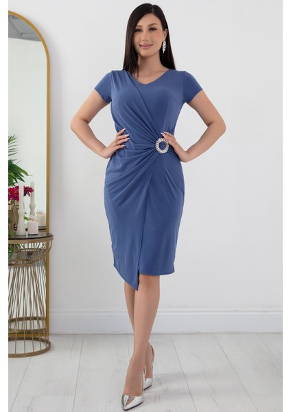 Beli Tokalı V Yaka Kısa Kol Anvelop Abiye Elbise 13444 fiyatları