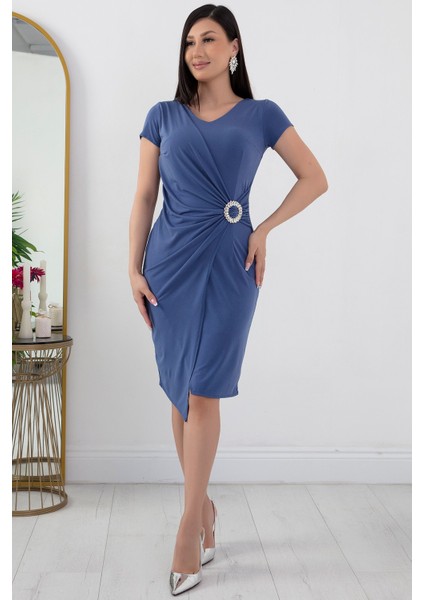 Beli Tokalı V Yaka Kısa Kol Anvelop Abiye Elbise 13444 modelleri