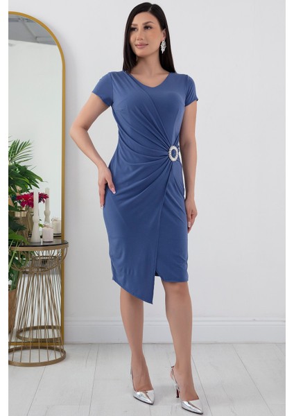 Beli Tokalı V Yaka Kısa Kol Anvelop Abiye Elbise 13444 fırsatları