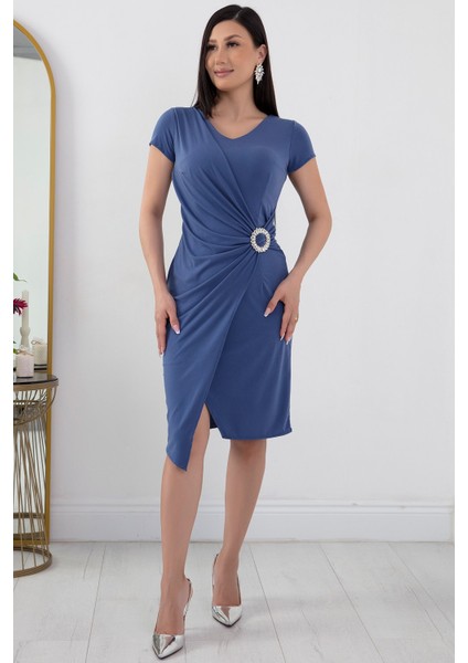 Beli Tokalı V Yaka Kısa Kol Anvelop Abiye Elbise 13444 indirimleri