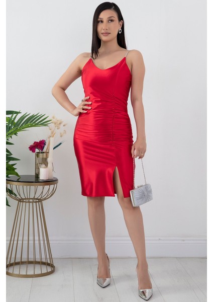 V Yaka Taş Askılı Önü Büzgülü Kısa Abiye Elbise 13451