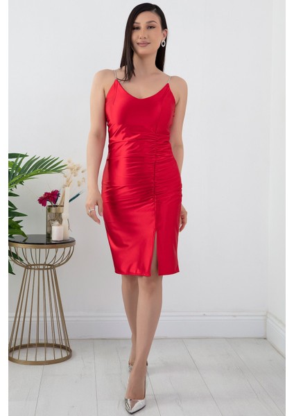 V Yaka Taş Askılı Önü Büzgülü Kısa Abiye Elbise 13451 indirimleri