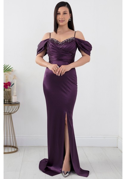 Göğüs Boncuklu Askılı Saten Elbise 39657