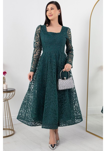 Kare Yaka Uzun Kol Simli Tül Abiye Elbise 1299