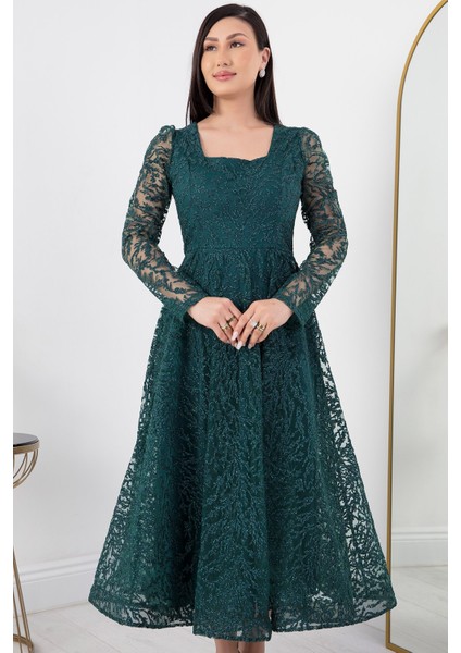 Kare Yaka Uzun Kol Simli Tül Abiye Elbise 1299 fiyatları