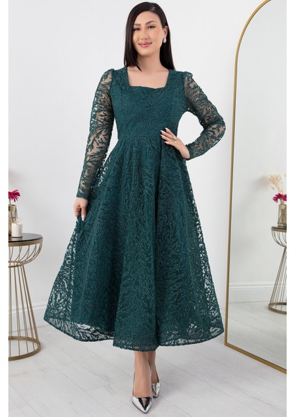 Kare Yaka Uzun Kol Simli Tül Abiye Elbise 1299 modelleri