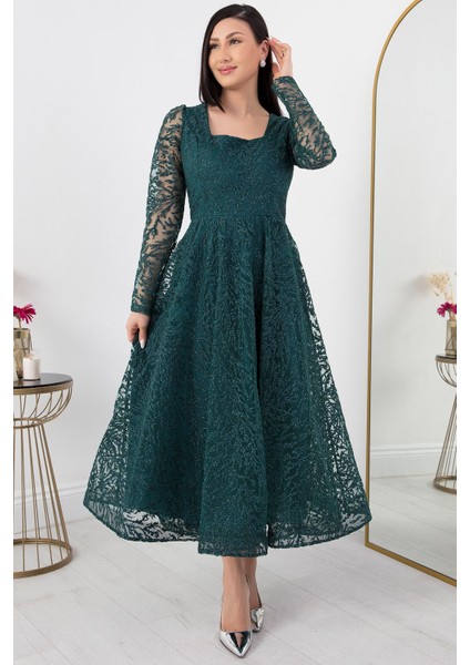 Kare Yaka Uzun Kol Simli Tül Abiye Elbise 1299 fırsatları