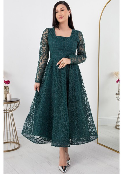Kare Yaka Uzun Kol Simli Tül Abiye Elbise 1299 indirimleri