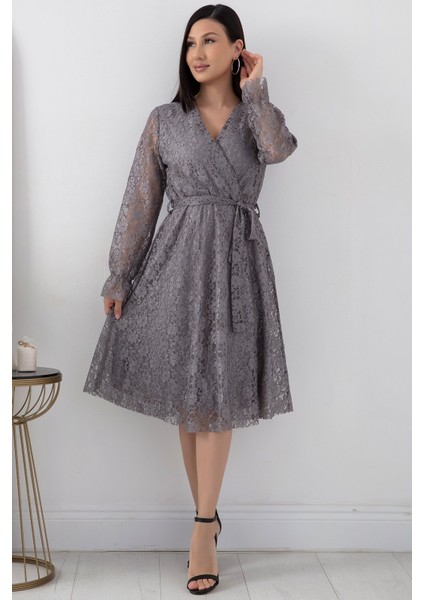 Kruvaze Yaka Kuşaklı Midiboy Dantel Abiye Elbise 13453 indirimleri
