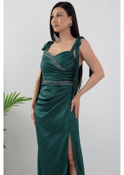 Önü ve Beli Taşlı Saten Abiye Elbise DMN4641