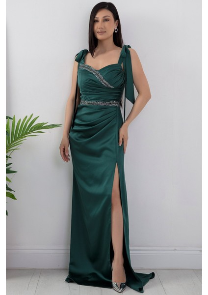 Önü ve Beli Taşlı Saten Abiye Elbise DMN4641